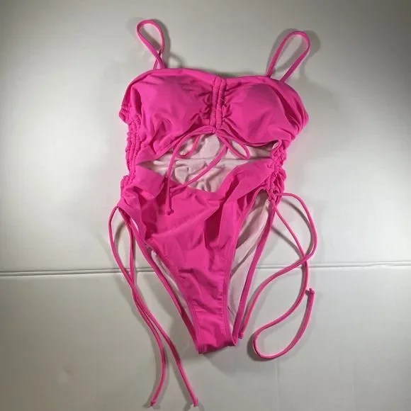 California Waves Cutout One-Piece Swimsuit, Neon Pink, Large, New - Picture 4 of 7